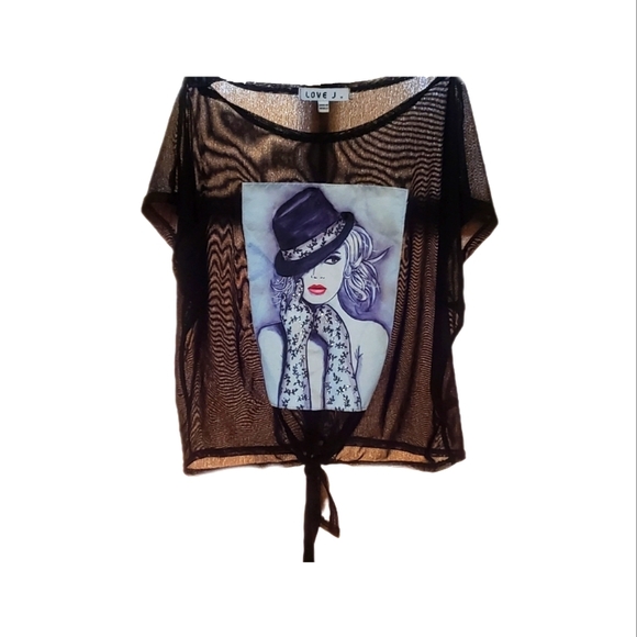 ADORABLE sheer crop top, cartoon print, pre loved, Med, blk net - Picture 1 of 5